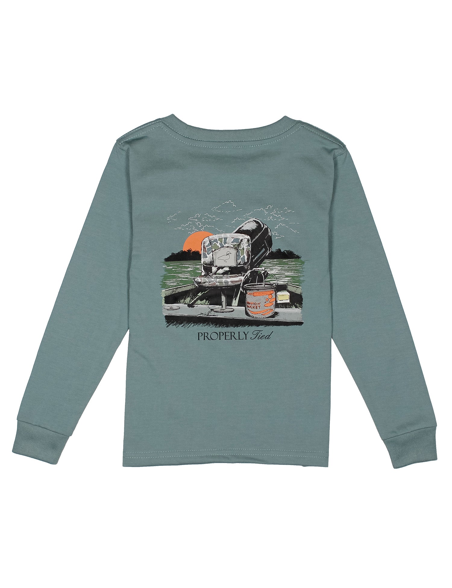 Steel blue long sleeve tee with a fishing boat design on the back