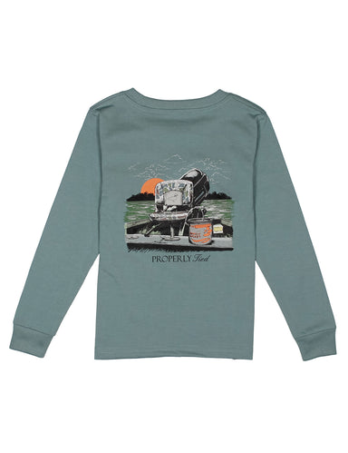 Steel blue long sleeve tee with a fishing boat design on the back
