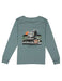 Steel blue long sleeve tee with a fishing boat design on the back