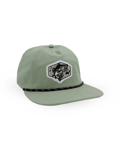 A snapback hat with a fish emblem