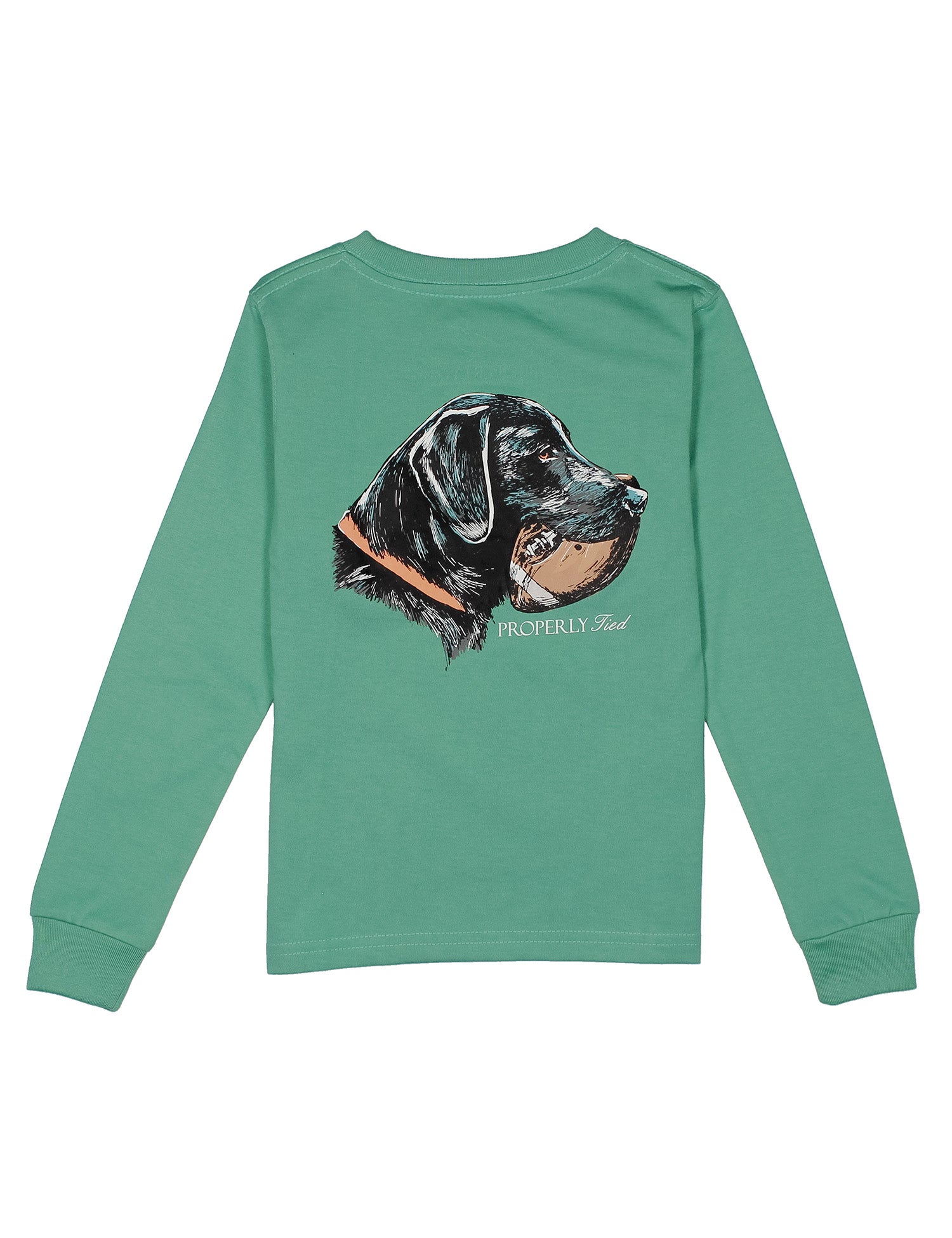 Green long-sleeve shirt with a dog illustration on the back against a white background
