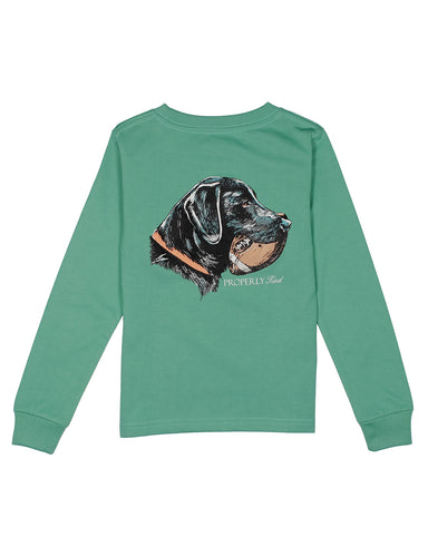 Green long-sleeve shirt with a dog illustration on the back against a white background