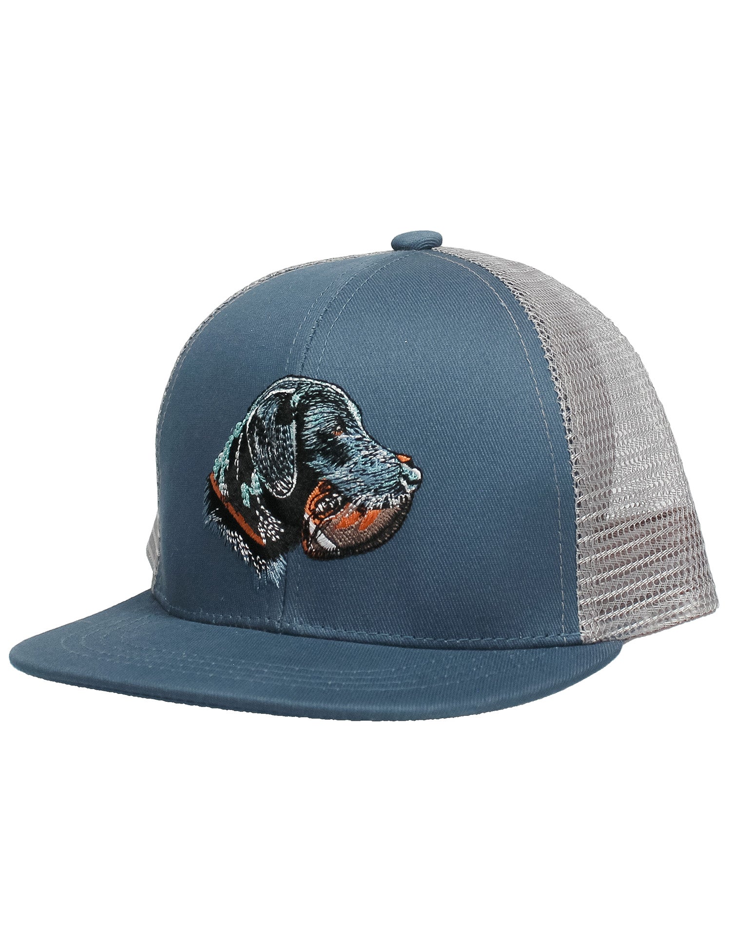 Blue trucker hat with embroidered dog design on a white background
