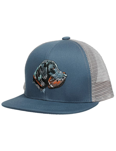 Blue trucker hat with embroidered dog design on a white background