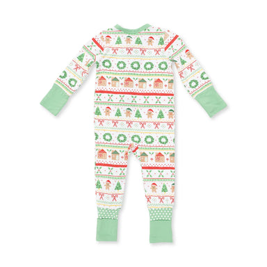 A baby's long-sleeve footed pajama romper shown from the back, featuring a festive Christmas holiday print with gingerbread men, wreaths, and houses in green, red, and beige on a white background, with solid light green cuffs and collar.