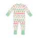 A baby's long-sleeve footed pajama romper shown from the back, featuring a festive Christmas holiday print with gingerbread men, wreaths, and houses in green, red, and beige on a white background, with solid light green cuffs and collar.