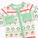 A baby long-sleeve sleep sack with a festive Christmas holiday print, featuring a white background with green wreaths, red candy canes, gingerbread houses, and a mint green zipper and pocket flaps.