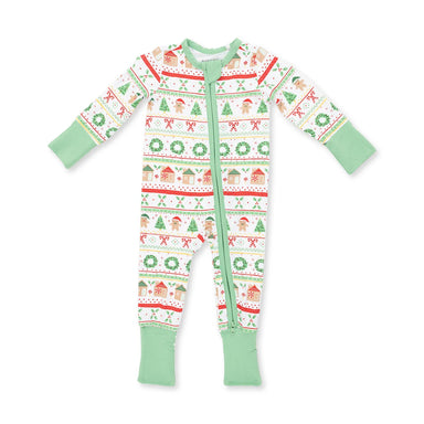 A baby's long-sleeve footed sleeper with a festive Christmas pattern, featuring a green zipper down the front, sage green cuffs and leg cuffs, and a white background with red and green holiday motifs.