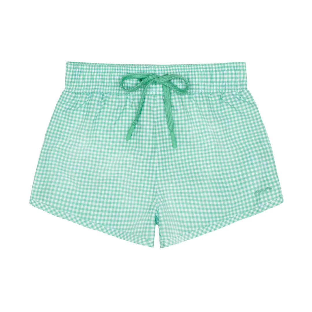 Green checkered shorts with a tie waist on a white background