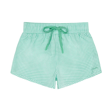 Green checkered shorts with a tie waist on a white background