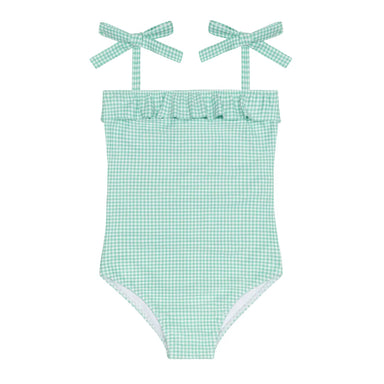 Green checkered swimsuit with bow straps on a white background