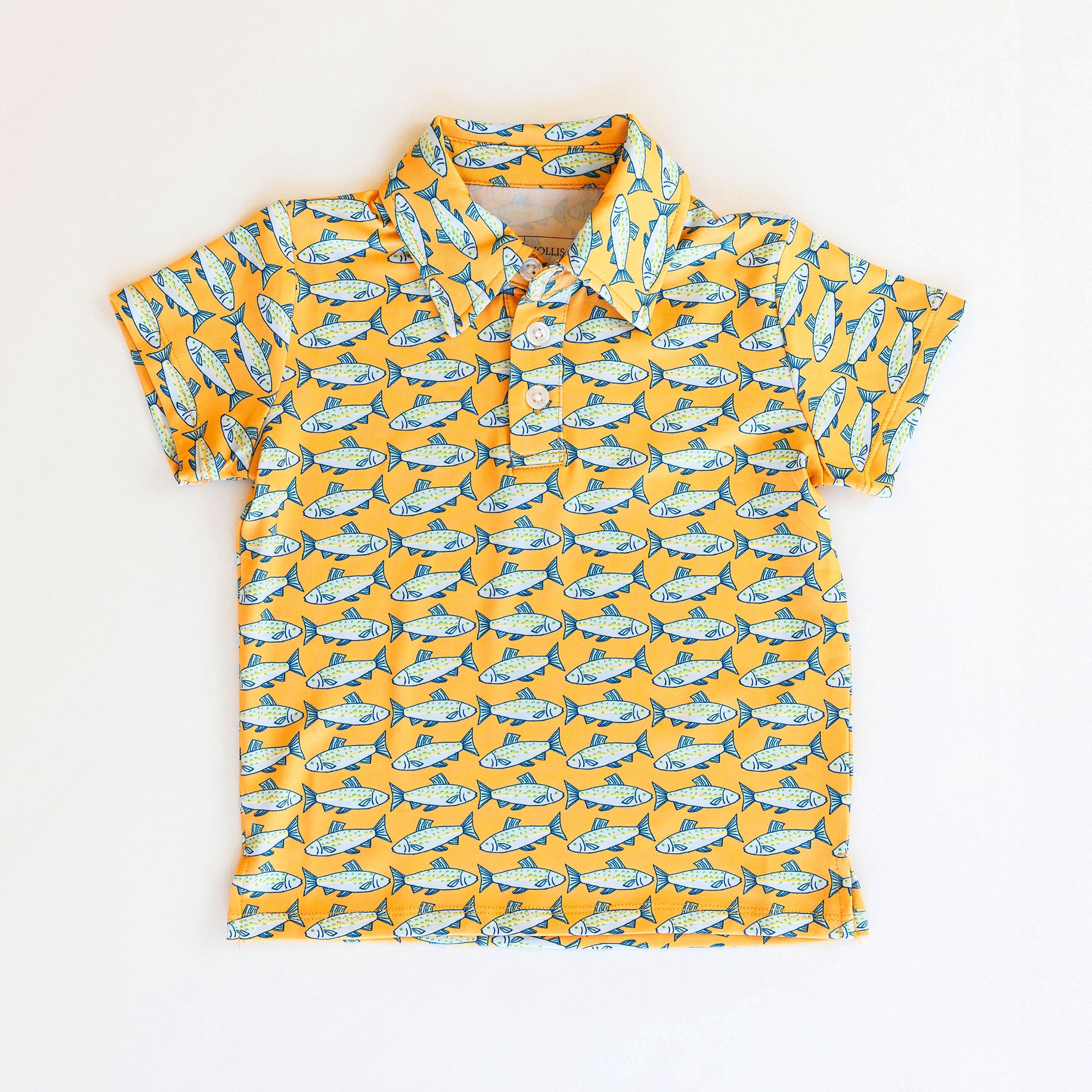 Short-sleeve shirt with fish pattern on a white background