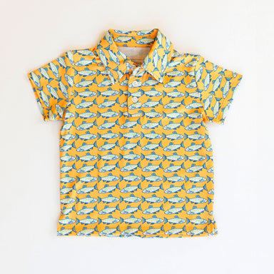 Short-sleeve shirt with fish pattern on a white background