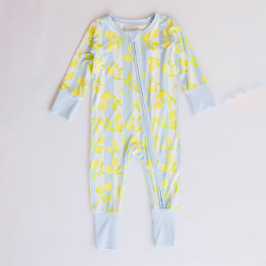 Baby onesie with lemon pattern on a white background