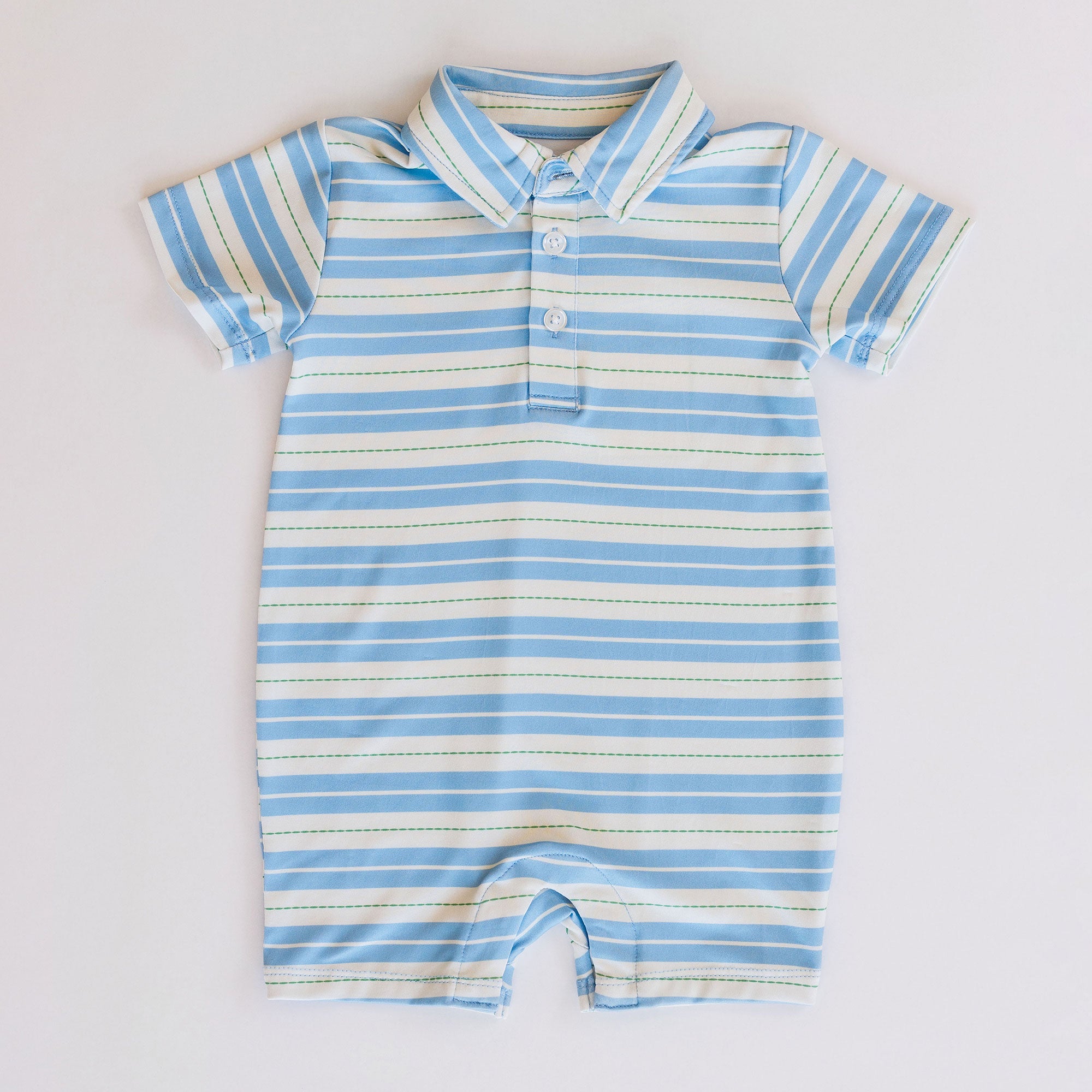 Blue and white striped baby romper on a white background