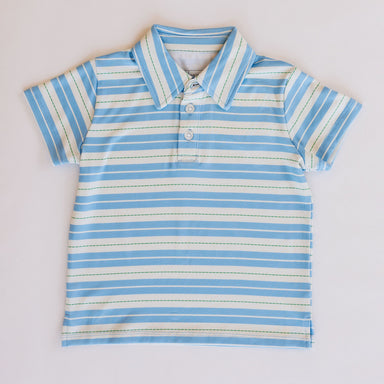 Blue and white striped polo shirt on a white background
