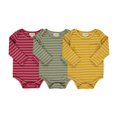 red, green and yellow long sleeve pocket onesies with white wide stripes