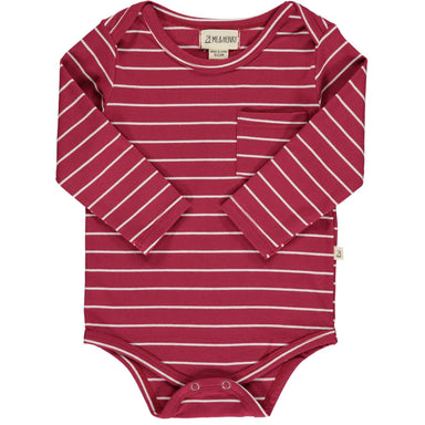 red long sleeve pocket onesie with wide white stripes