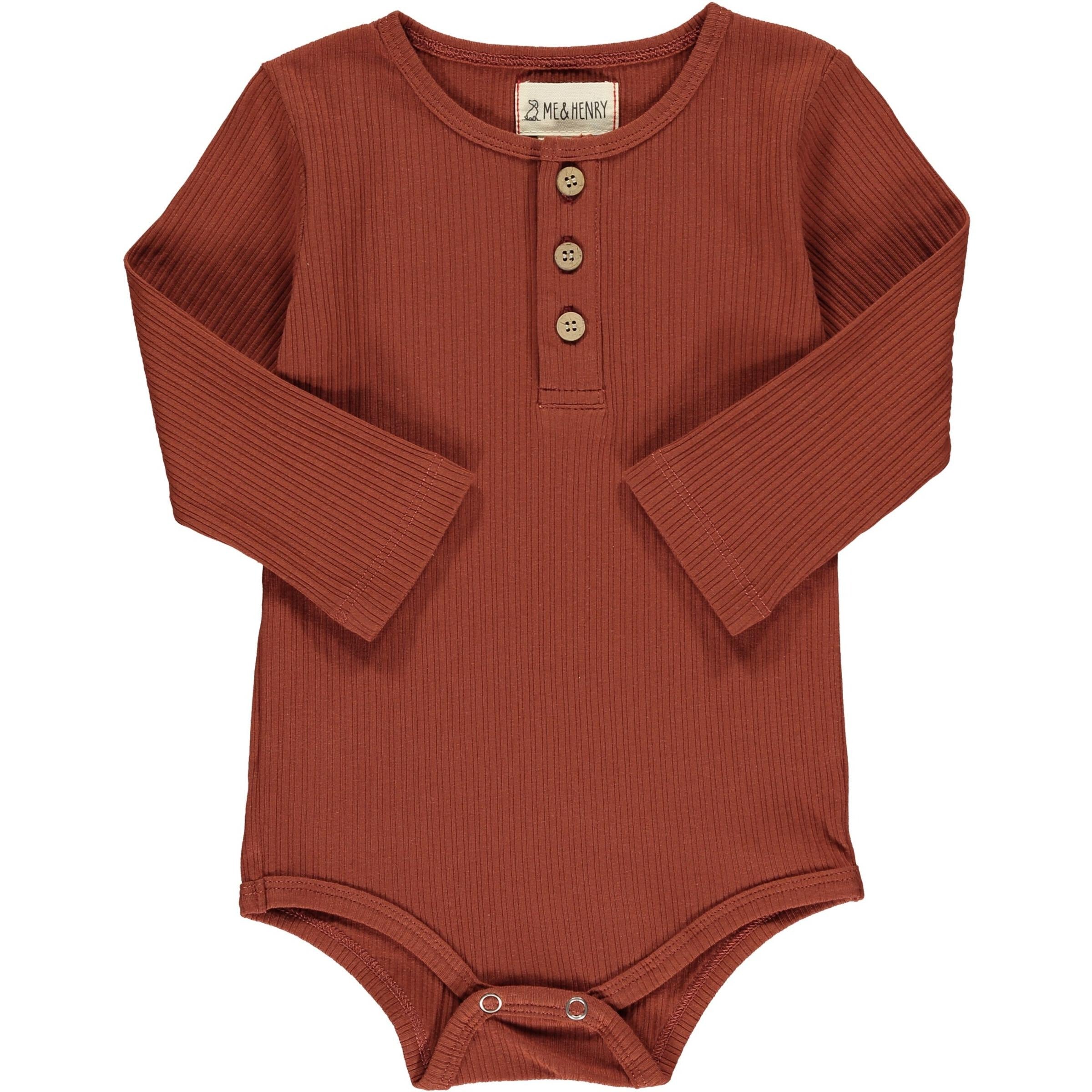 rust colored long sleeve ribbed henley onesie with 3 buttons