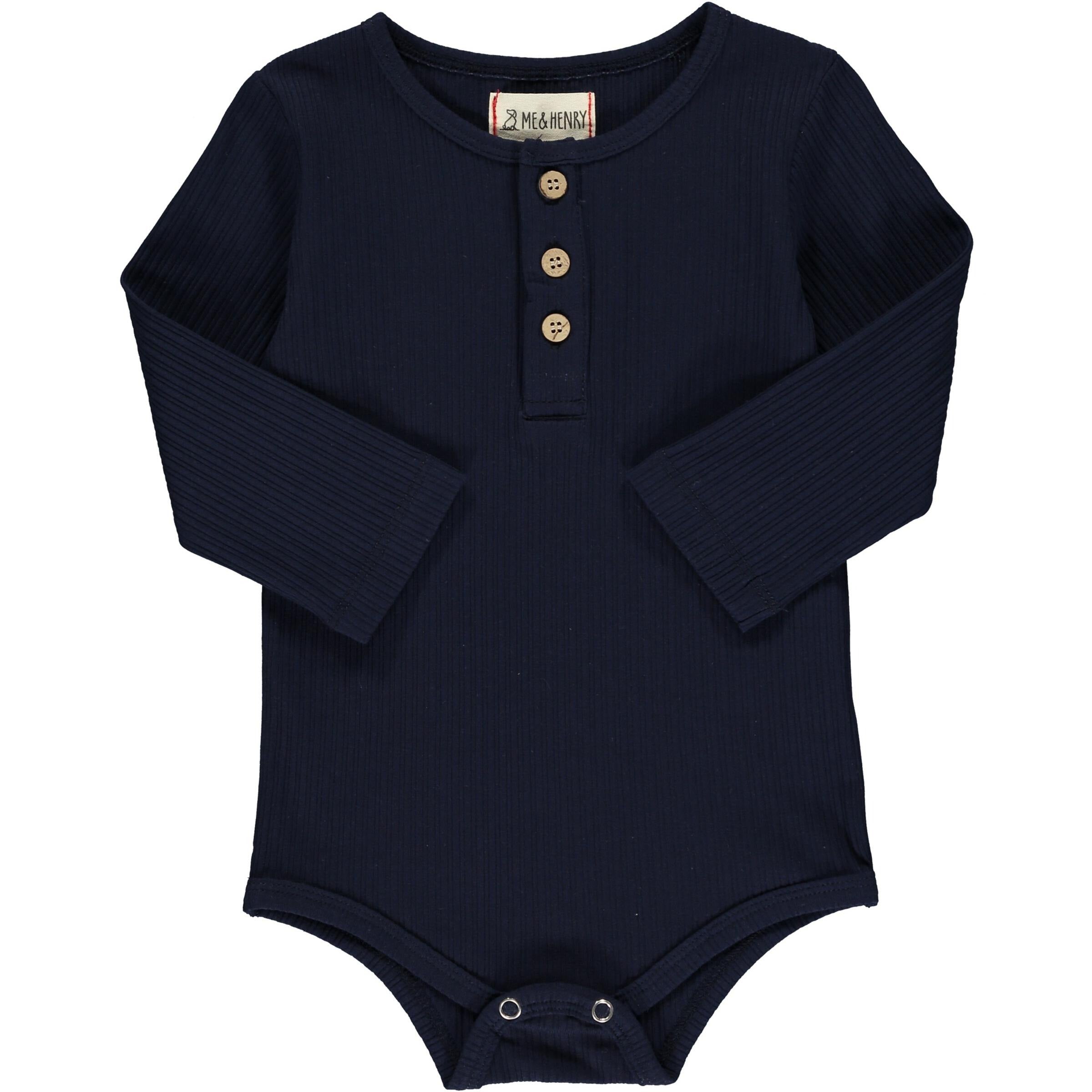 navy ribbed longsleeve henley onesie with 3 buttons