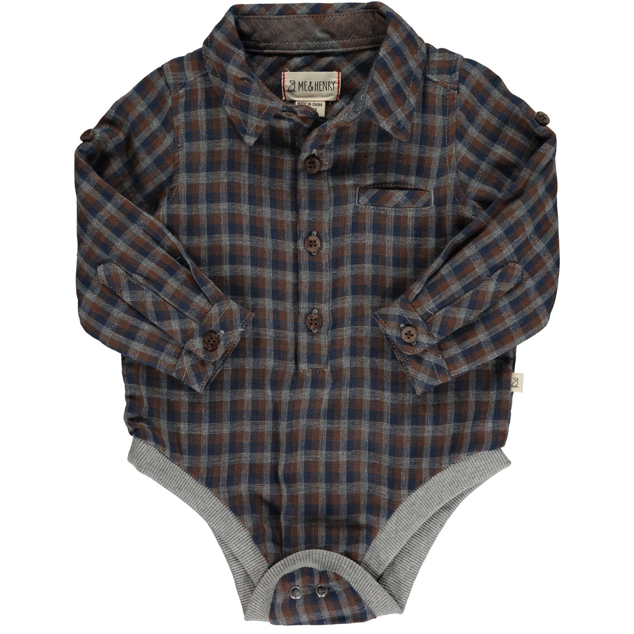 grey, blue and brown plaid collared onesie with snaps on the crotch