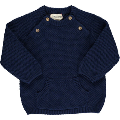 navy colored knit sweater with button closure and pocket
