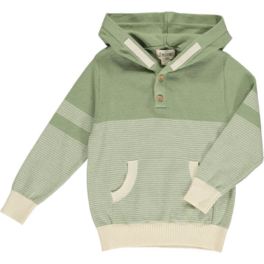 sage green hooded sweater with cream colored stripes