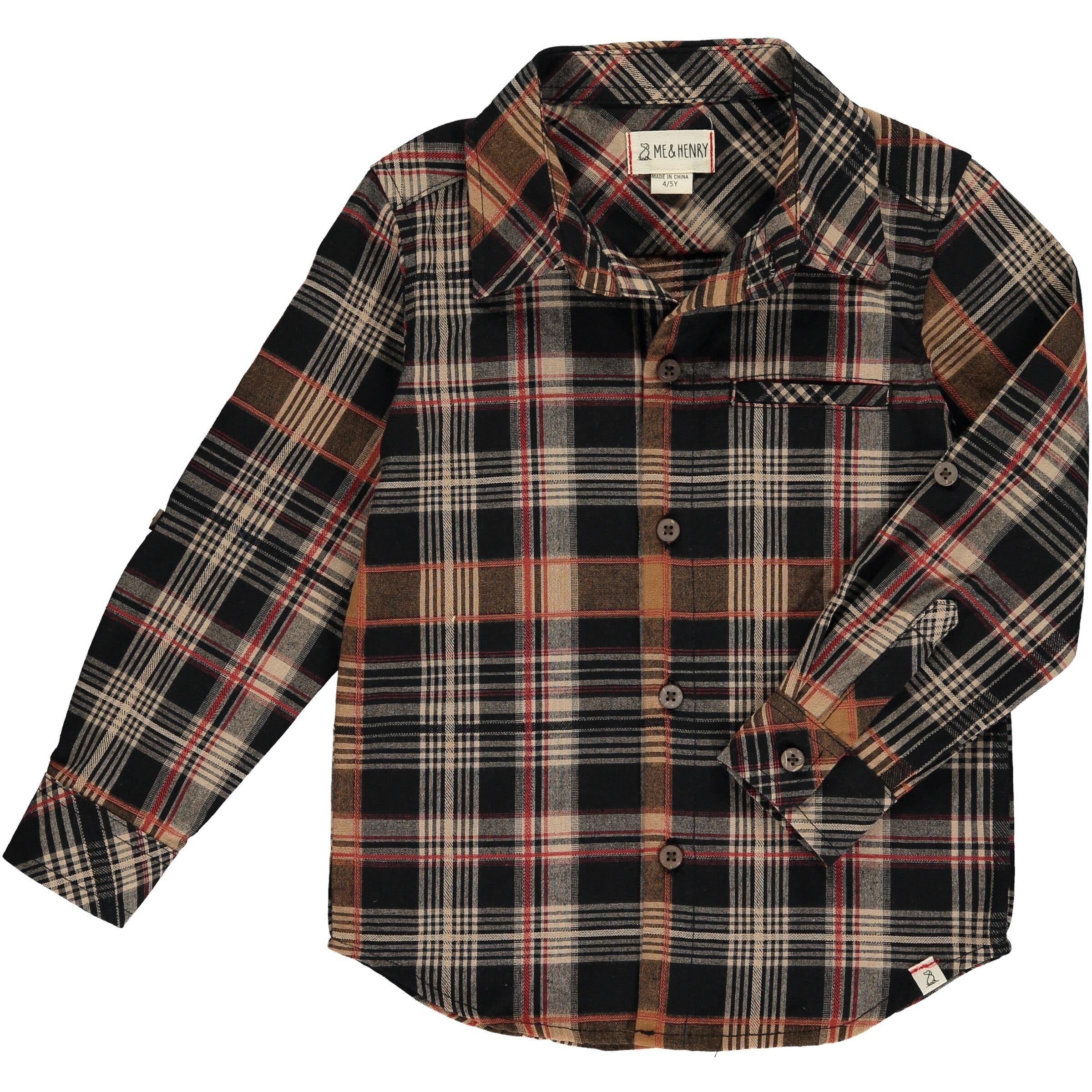 black, brown, red and cream plaid long sleeve button down
