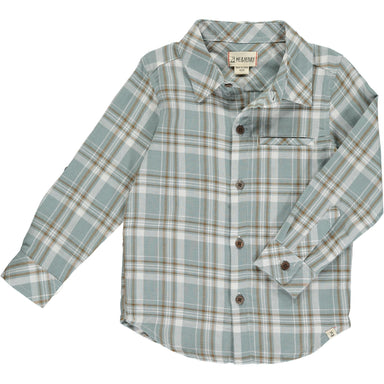 light blue, white and brown plaid long sleeve button down