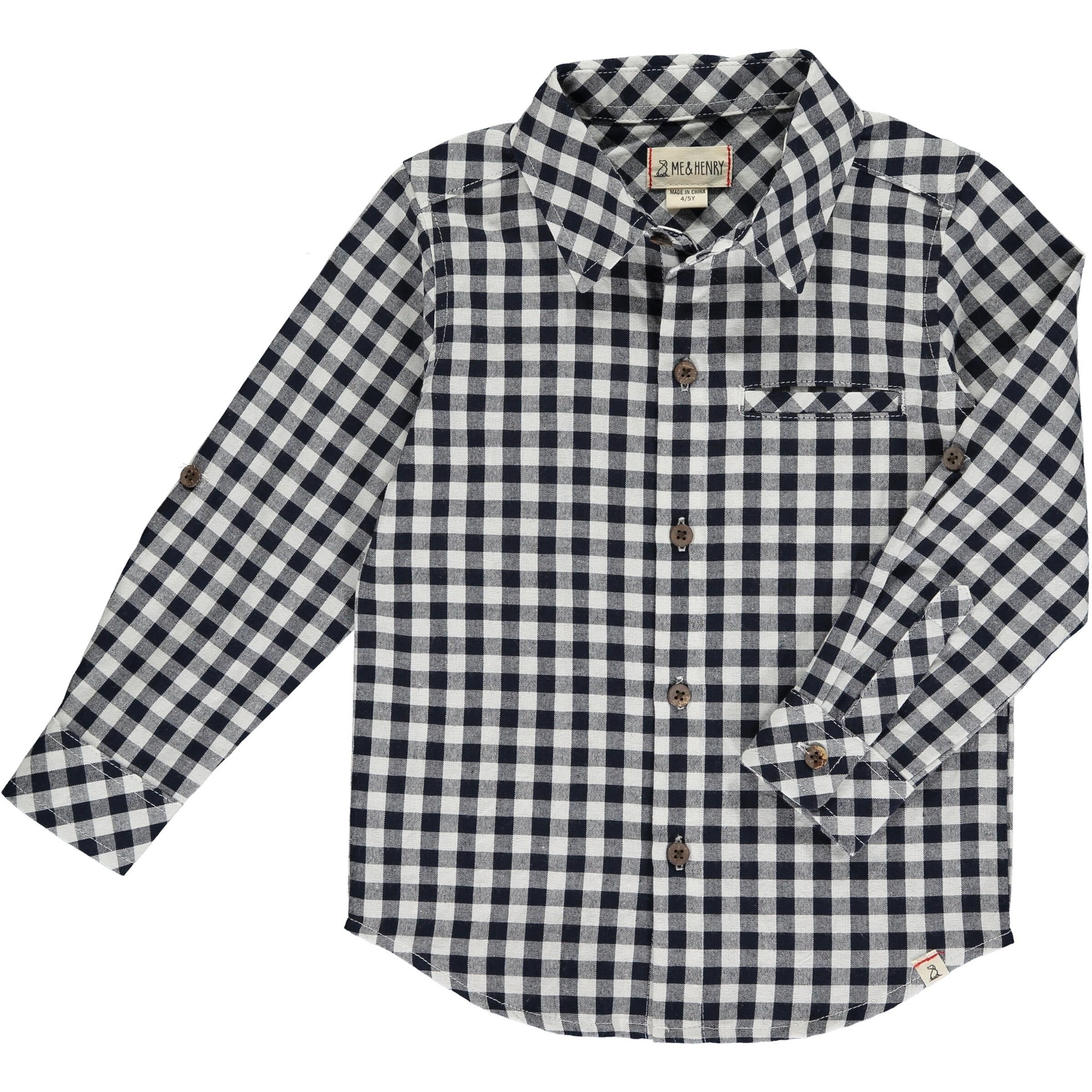 navy and white checkered woven long sleeve button down