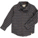 brown, navy and grey plaid long sleeve button down
