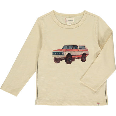 cream colored long sleeve tee with red and off white bronco graphic