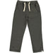 charcoal gray twill pants with white drawstring elastic waistband and button closure
