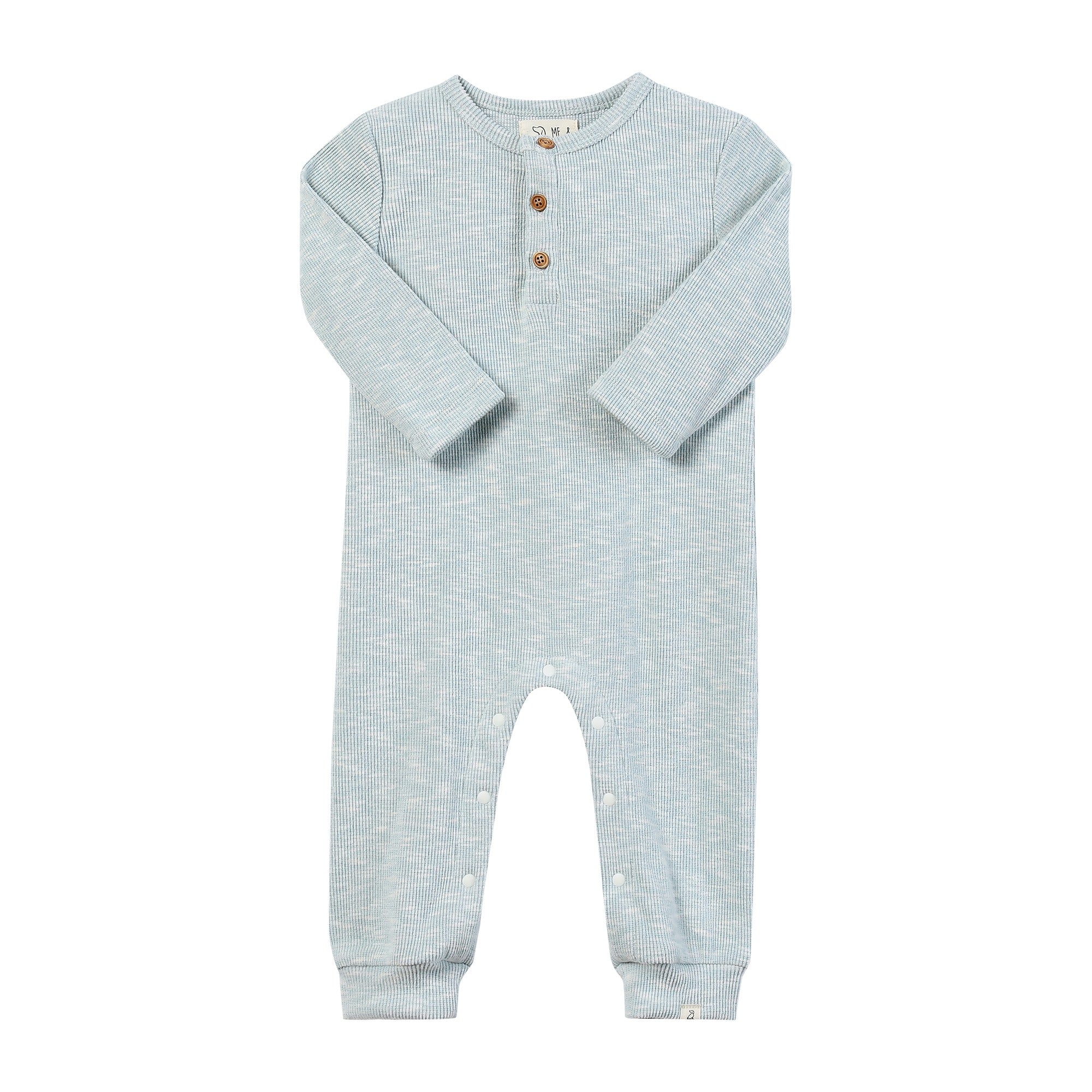 A baby's long-sleeve romper in a light heathered blue-gray color, featuring a henley-style chest with three brown buttons and snap closures on the legs, shown against a plain white background.