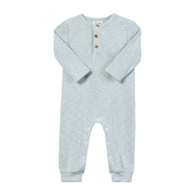 A baby's long-sleeve romper in a light heathered blue-gray color, featuring a henley-style chest with three brown buttons and snap closures on the legs, shown against a plain white background.