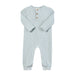 A baby's long-sleeve romper in a light heathered blue-gray color, featuring a henley-style chest with three brown buttons and snap closures on the legs, shown against a plain white background.