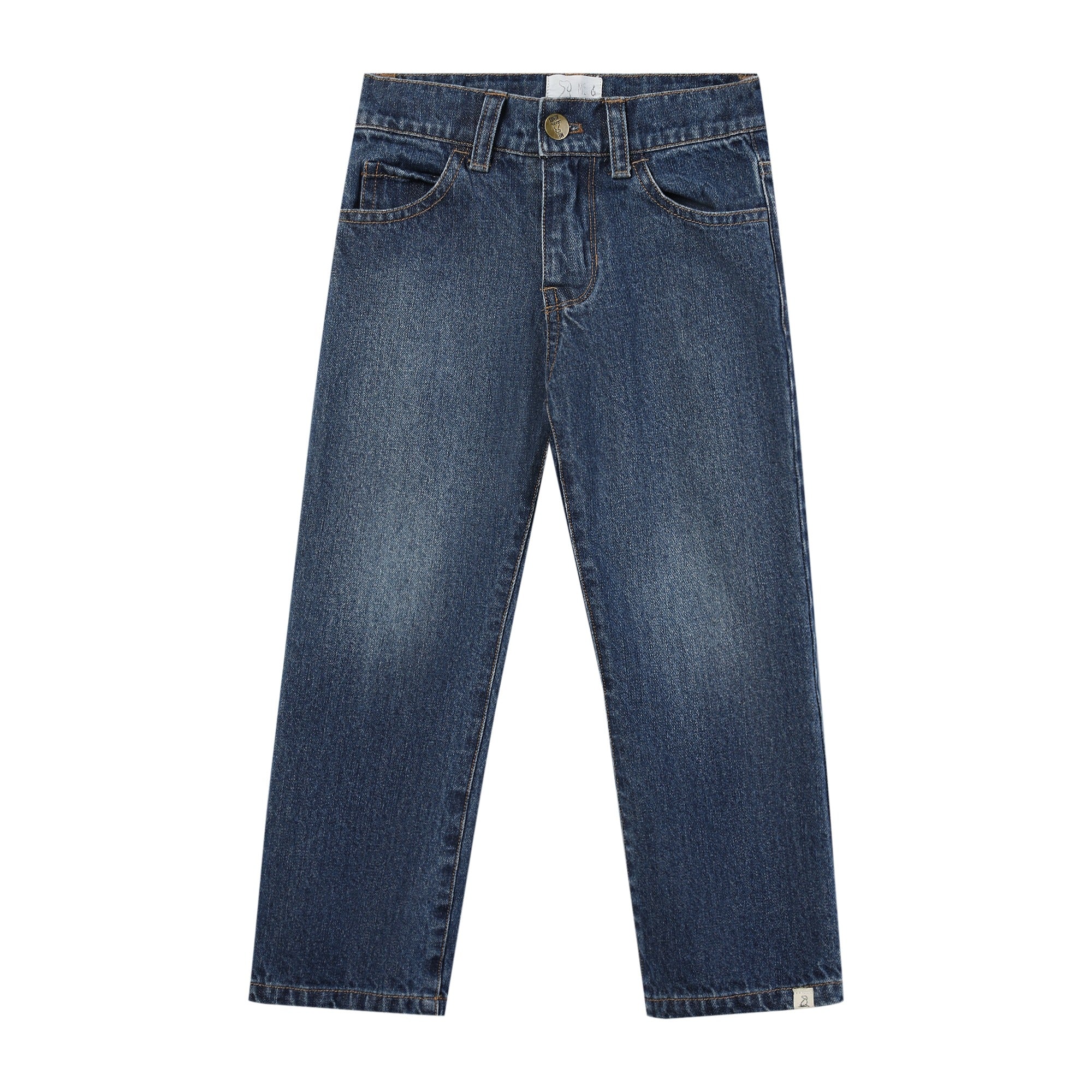 A pair of classic blue denim jeans shown flat against a solid white background.