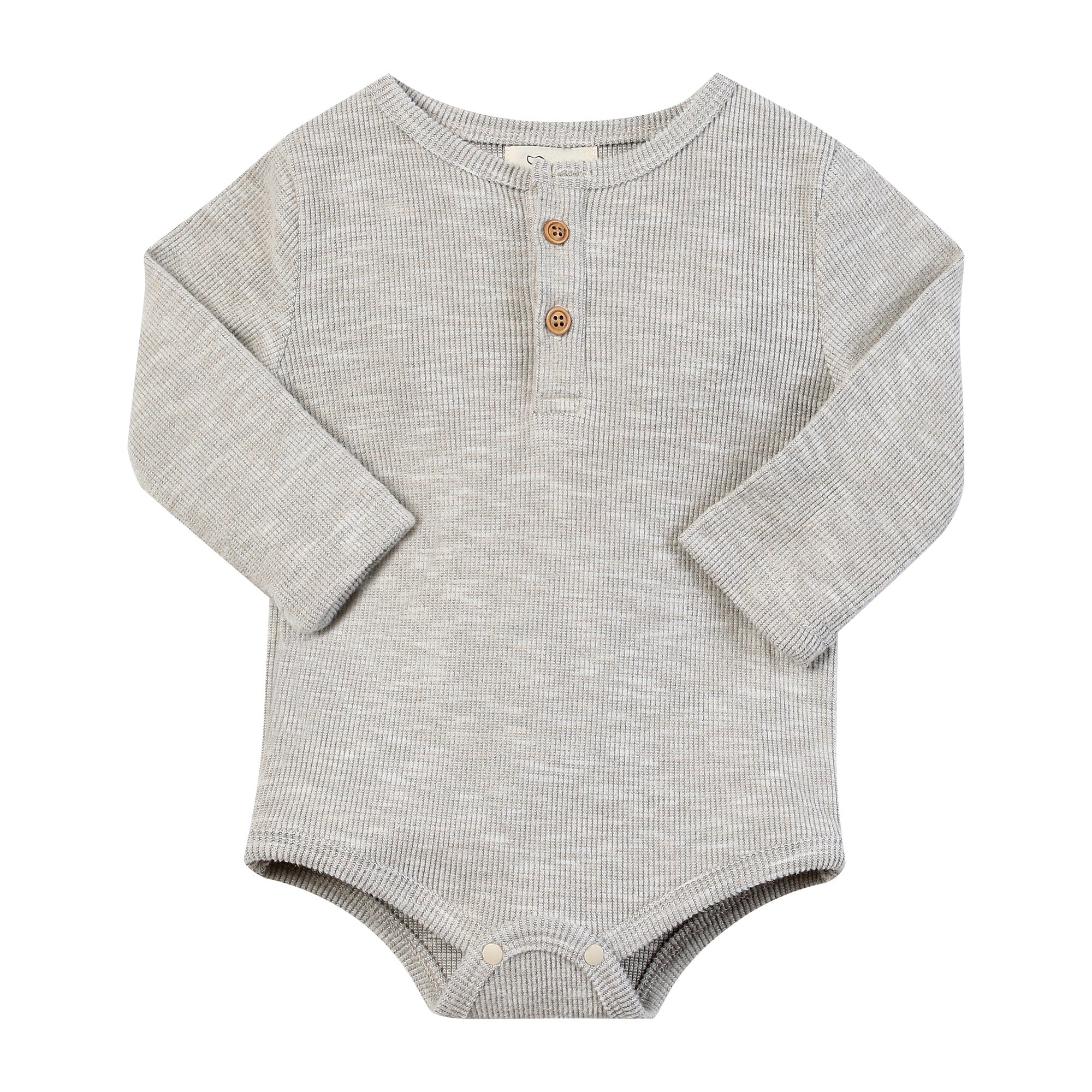 A light gray heathered ribbed long-sleeve baby bodysuit with a three-button henley neckline, laid flat on a white background.
