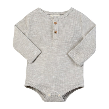 A light gray heathered ribbed long-sleeve baby bodysuit with a three-button henley neckline, laid flat on a white background.