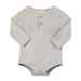 A light gray heathered ribbed long-sleeve baby bodysuit with a three-button henley neckline, laid flat on a white background.