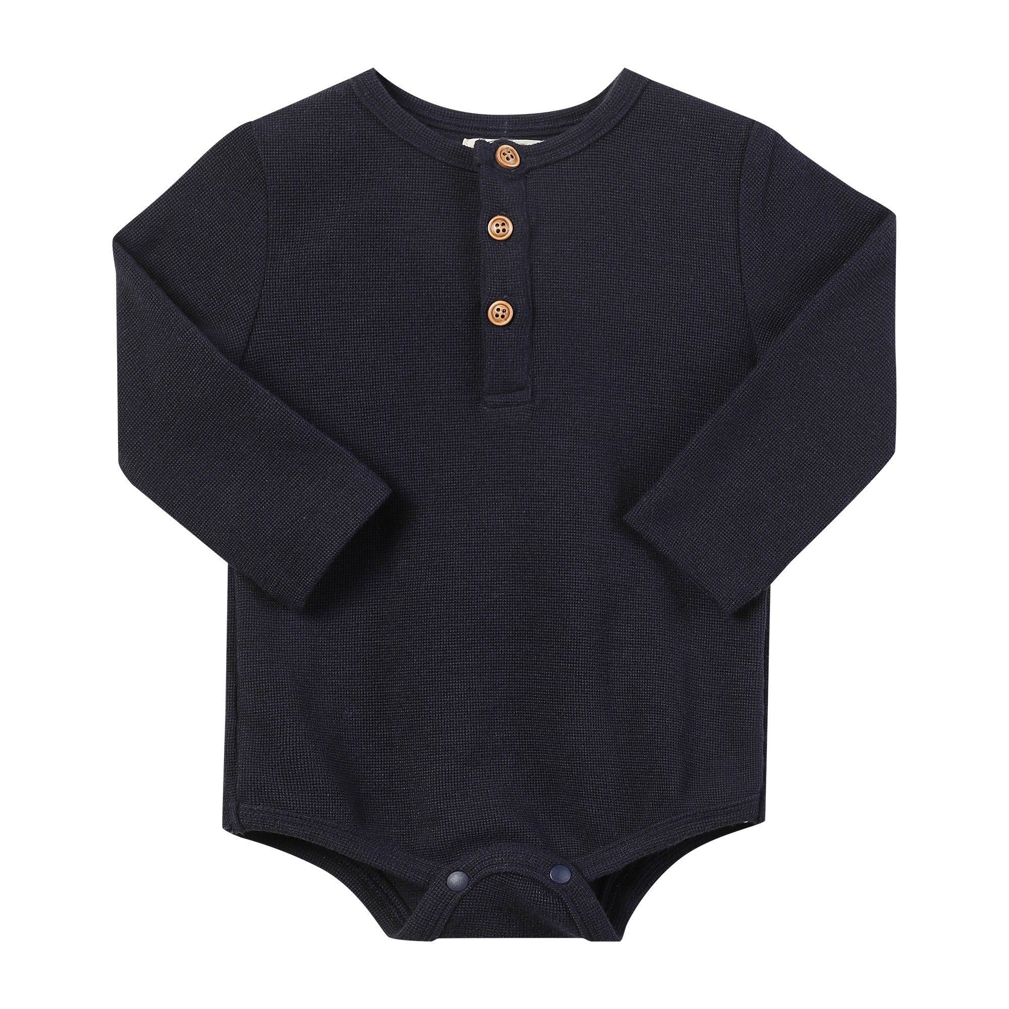 A dark navy blue long-sleeve baby bodysuit with a three-button henley neckline, laid flat on a white background.