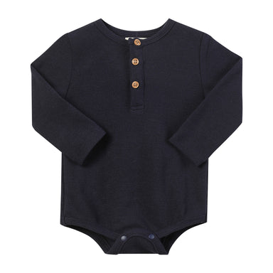 A dark navy blue long-sleeve baby bodysuit with a three-button henley neckline, laid flat on a white background.