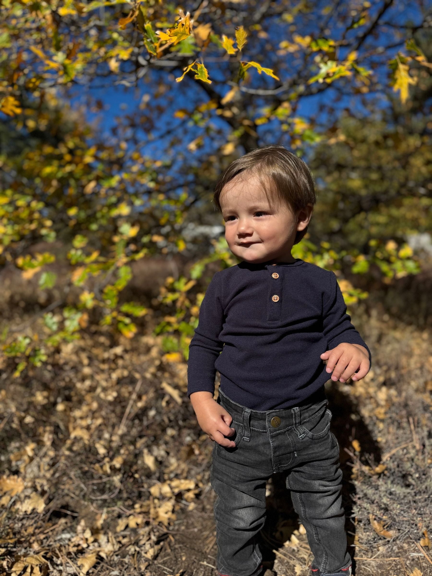 A toddler standing outdoors in a wooded area, wearing a dark navy long-sleeve henley shirt with brown buttons and dark gray jeans.