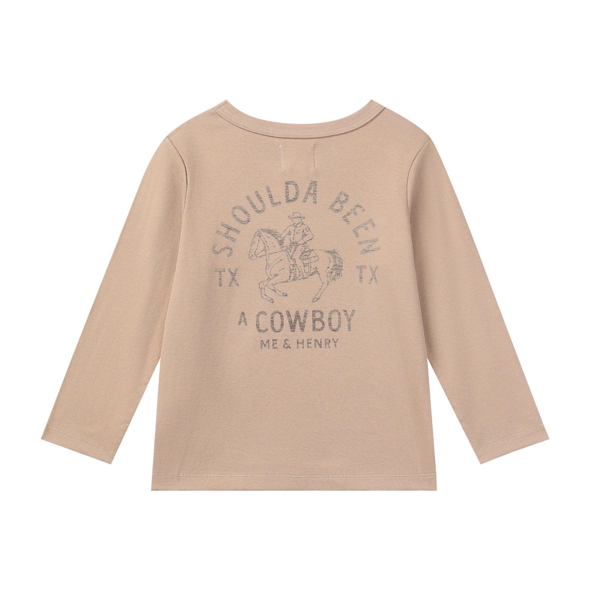 Beige long-sleeve shirt with "Shoulda Been A Cowboy" graphic design on a white background