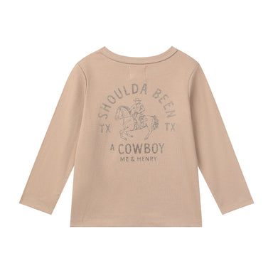 Beige long-sleeve shirt with "Shoulda Been A Cowboy" graphic design on a white background