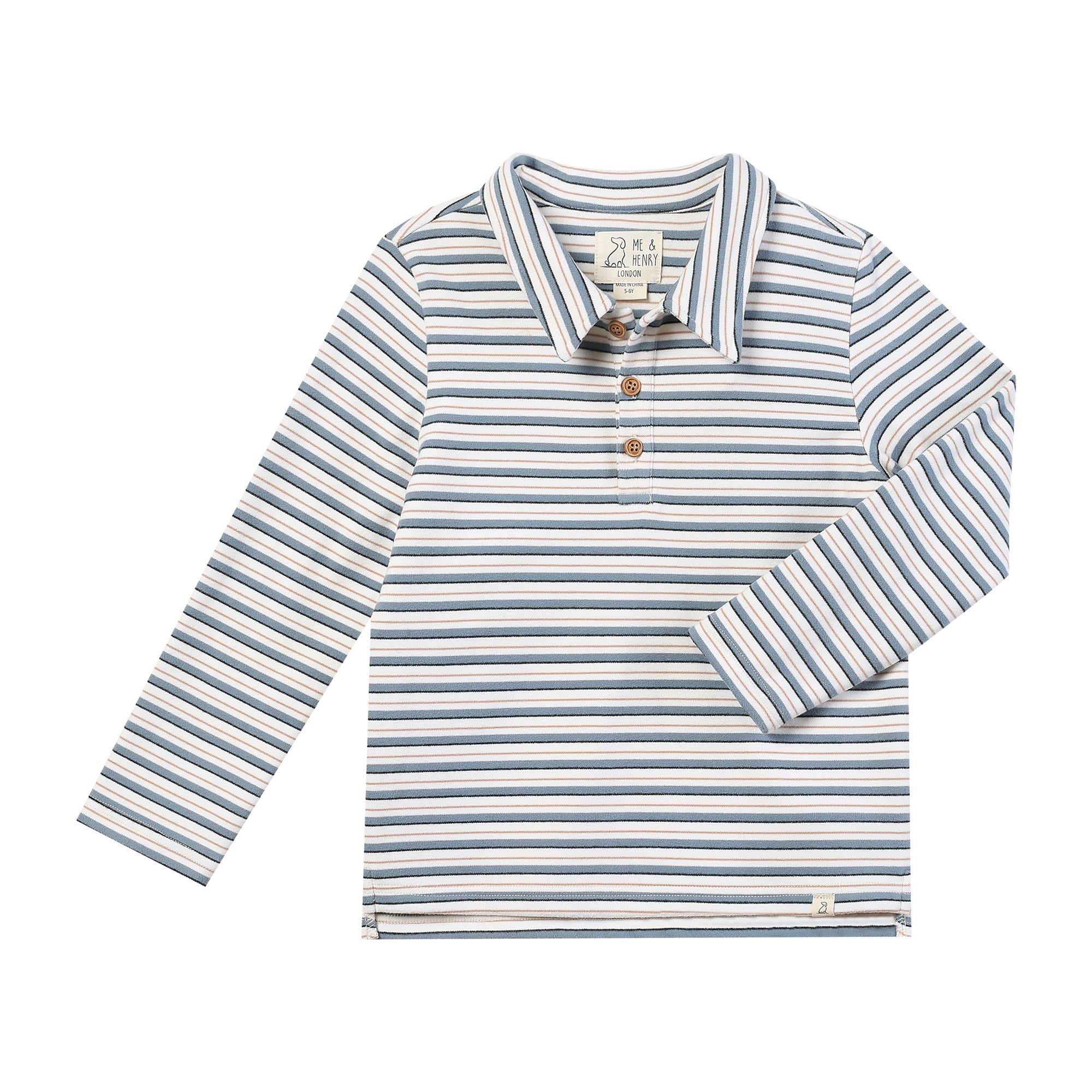 A long-sleeve striped polo shirt for kids, featuring horizontal stripes in navy blue, light blue, and white. It has a three-button placket with brown buttons and a classic collar, shown flat on a white background.