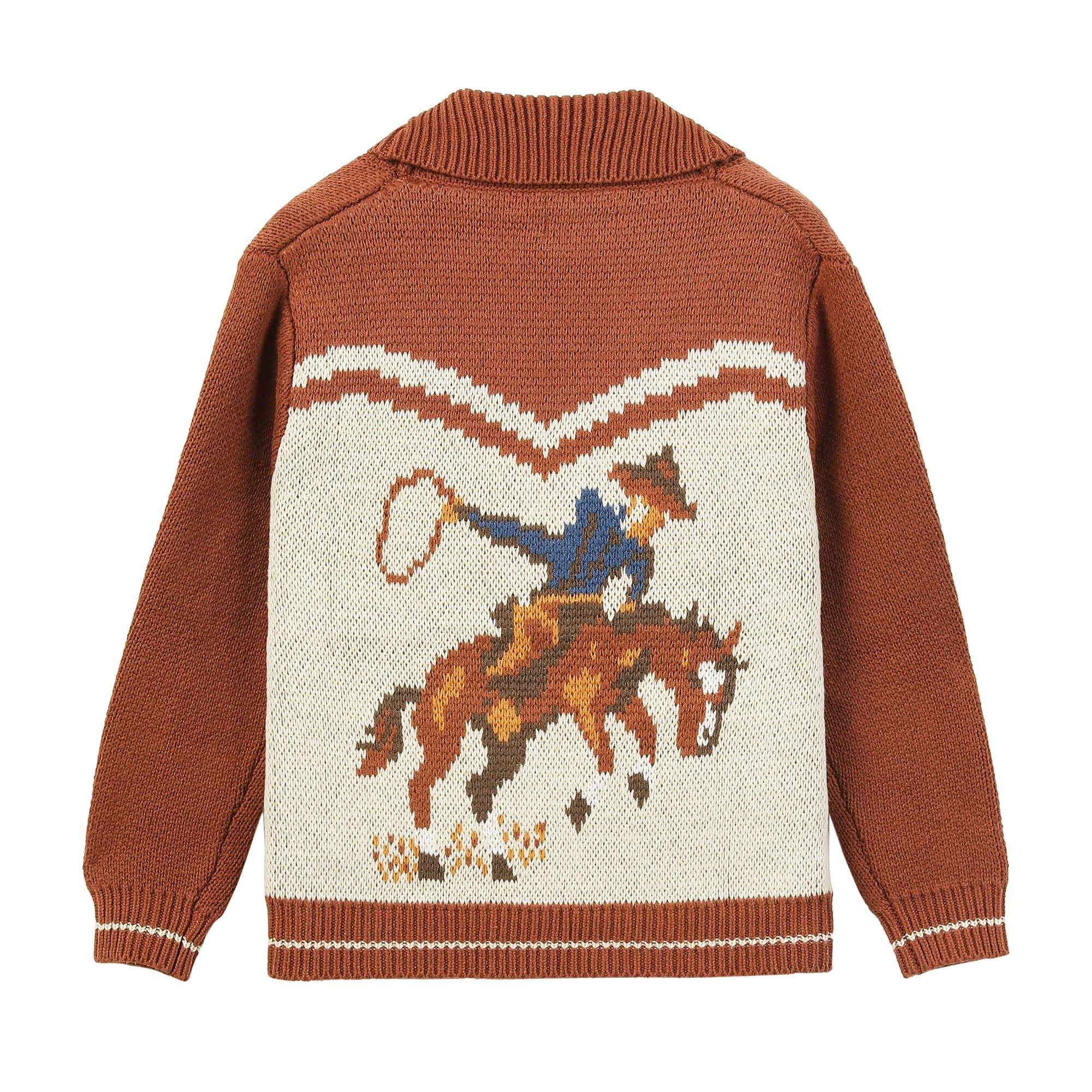 Brown sweater with a cowboy and horse design on a white background