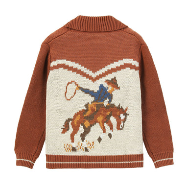 Brown sweater with a cowboy and horse design on a white background