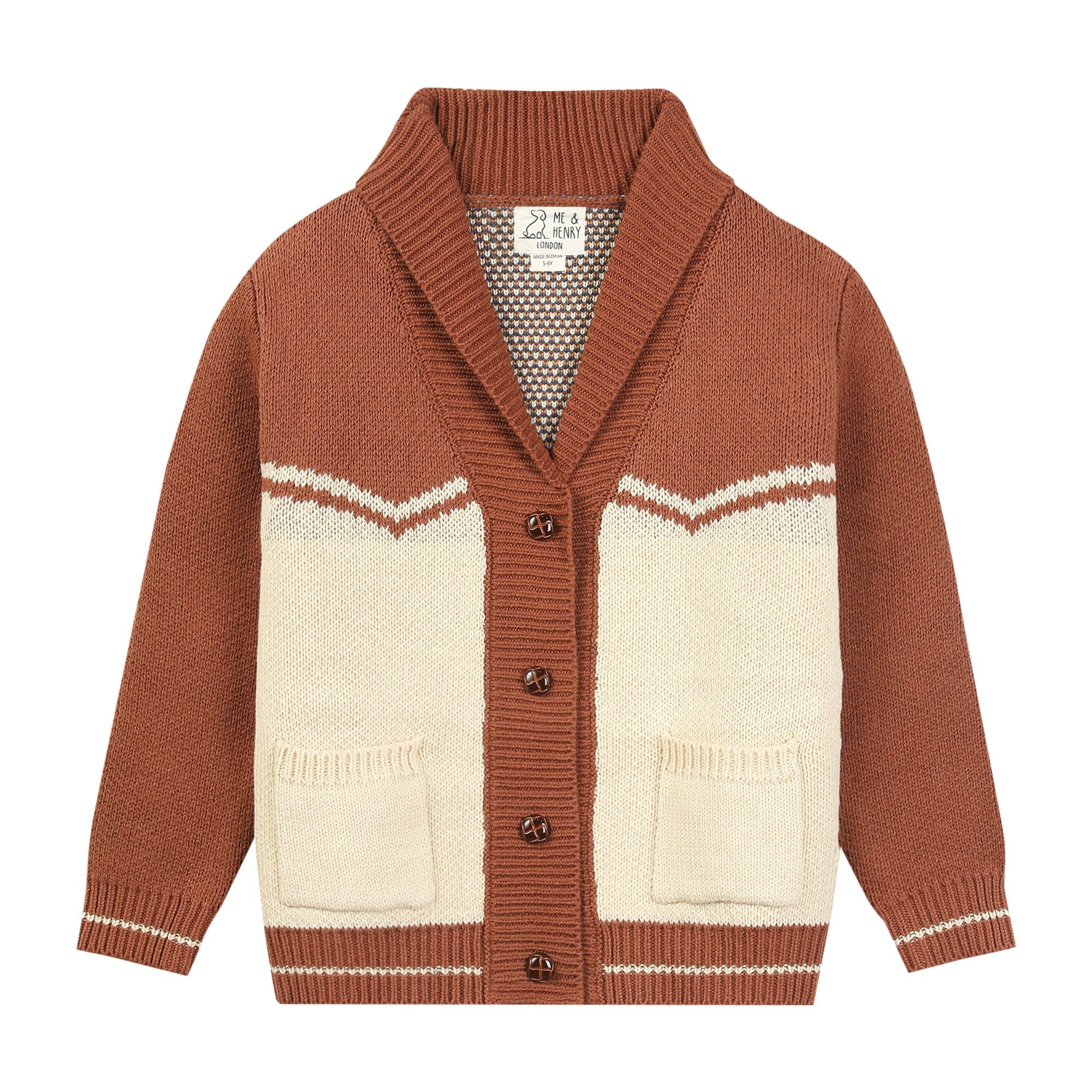 Brown and beige knitted cardigan with button details on a white background