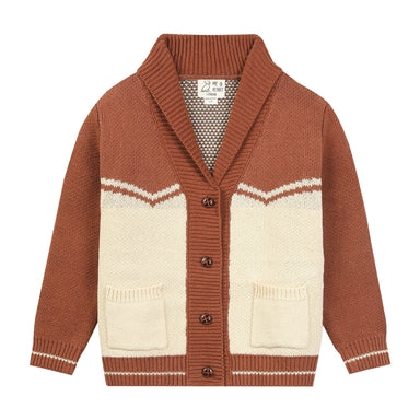 Brown and beige knitted cardigan with button details on a white background